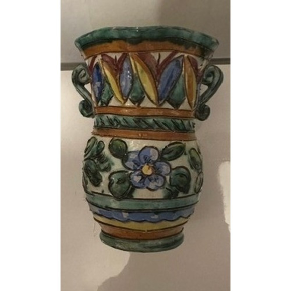 Vintage Italian Majolica Pottery Wall Pocket Hand Painted Floral Ceramic Vase